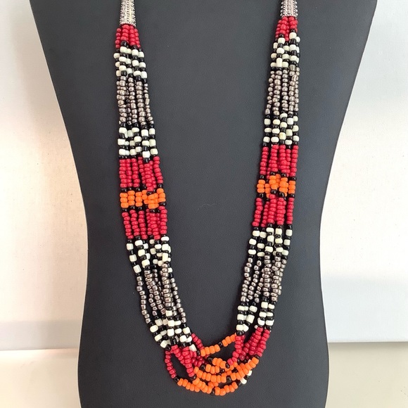 Handmade multistrand boho tribal necklace 28” long, red and black - Picture 2 of 4